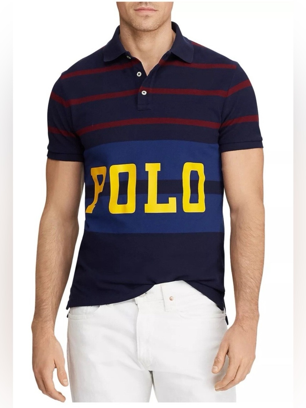 Polo Men’s Navy Stripe Logo Polo Classic Fit Shirt